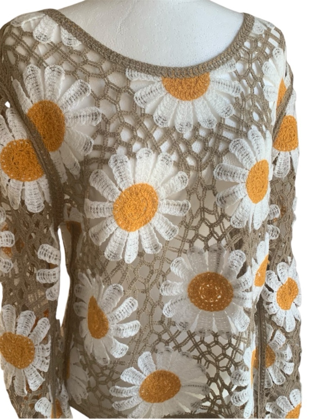 🌼Crochet Daisy Lace Sheer Top Long Sleeve White Yellow Taupe L - Picture 5 of 14